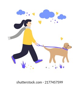 Woman in Jumper flat vector illustration. Sunny day. Lady Waking Dog  isolated cartoon character on White Background. Stylish simple drawing.