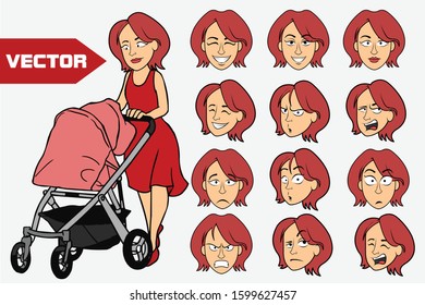 Woman vector illustration. Mother or nanny pushing baby carriage. Various facial expressions