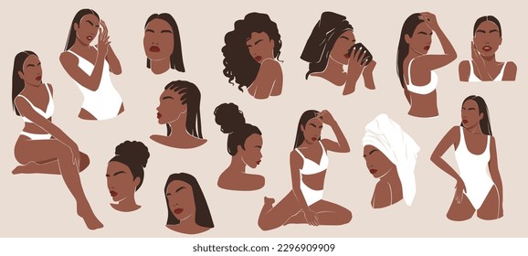 Juego De Ilustración De Vectores De Mujeres. Hermosas Chicas De Piel Oscura. Colección femenina moderna. Retratos con máscara facial, crema, toalla. Resumen Cuerpo femenino en traje de baño, bikini. Arte Contemporáneo.