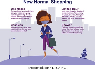 A woman vector use masks to go shopping in the new normal Covid-19 era. A Woman should comprehend these four tips before she starts to shopping again amidst the pandemic.