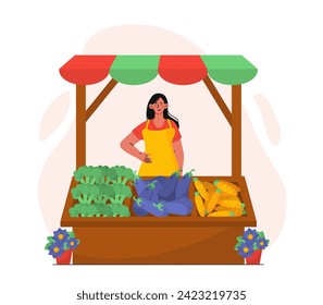 Woman with vegetable counter concept. Support your local shop. Young girl with vegetables in street market or store. Natural and organic products. Cartoon flat vector illustration