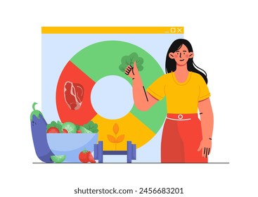 Concepto de mujer con verduras. Chica joven cerca de tazón con productos naturales y orgánicos, mancuerna. Atleta y deportista con nutrición y dieta adecuadas. Ilustración vectorial plana de dibujos animados