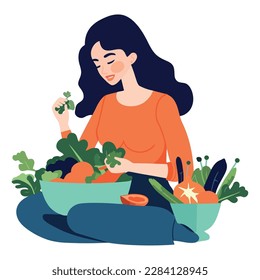 woman with vegetables and fruits in a basket over white