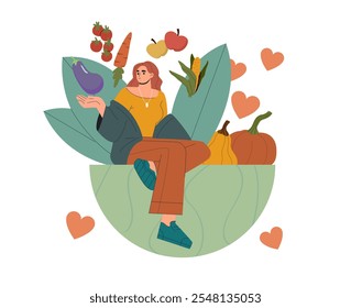 Woman with vegetables. Girl sitting at huge bowl with vegetables. Natural and fresh food. Eggplant and pumpkin. Healthy eating with vitamins. Flat vector illustration isolated on white background