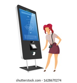 Woman with vending kiosk flat color vector faceless character. Self service food counter isolated cartoon illustration on white background. Restaurant payment board with interactive screen
