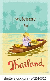 Woman vendor in the boat on the canal in Bangkok welcome tourists to Thailand - the land of smiles. Retro poster.