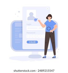 A woman verifies account data, Validate login access, Vector illustration