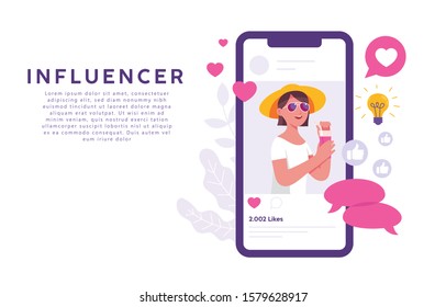 a woman with very many followers on social media shares photos or inspirational content for her followers, the concept of young women as social media influencers