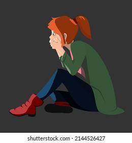 
The woman is very scared. The girl is sitting on the floor. Girl with red hair