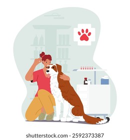 Woman vet doctor cartoon character holding big dog preparing vaccine for injection to provide professional healthcare service vector illustration. Domestic animals vaccination and immunization