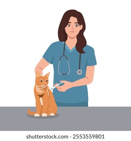 Woman vet doctor with cat in clinic. Flat Vector character illustration