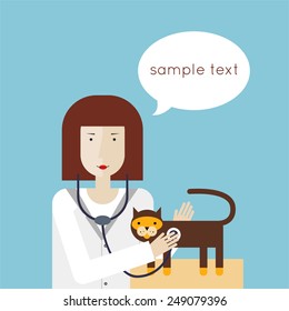 Woman veterinarian with cat. Vector illustration of a veterinarian flat design.