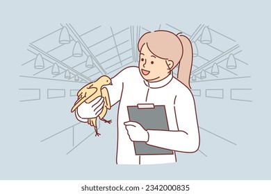 Woman veterinarian with chicken in hands works at poultry farm checking chickens for infections and bird flu. Girl employee poultry farm in white coat holding clipboard making career in agribusiness