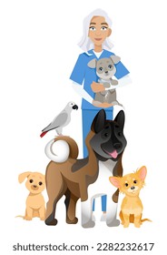 Woman veterinarian with a dog in her arms and dogs around