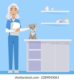 Woman veterinarian indoors in veterinary clinic with dog