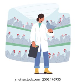 Woman Veterinarian Inspects Chickens In A Modern Poultry Farm With Rows Of Hens In Cages. Vector Illustration Showcasing Animal Health Care And Farming Practices with Cartoon Vet Doctor Character