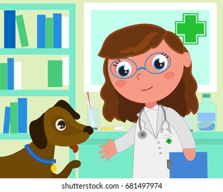 Woman veterinary in her office with a patient dog, cartoon vector illustration