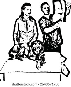 Woman with veterinary man looking over dog X-ray image in his office against white background