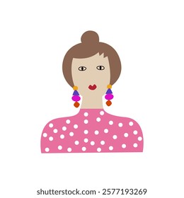 A woman in vibrant clothing with bold, statement earrings, exuding confidence and modern style. Isolated, vector.