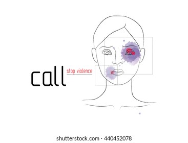 The woman is a victim of domestic violence. On the face traces of a beating. Creative Social Vector Design Element Concept.