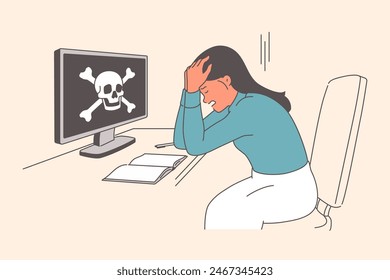 Woman victim of hacker attack is upset because computer was hacked sitting near coin with pirate flag. Girl suffered from actions of hackers who stole sensitive data from cloud storage 