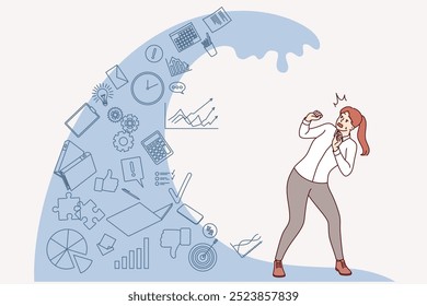 Woman, victim of information overload, stands under wave of intrusive news that causes violation of attentiveness. Problem of information overload for business lady who got job in large corporation