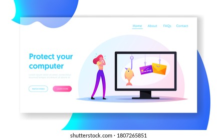 Woman Victim of Phishing and Hacker Attack Lose Money Landing Page Template. Desperate Tiny Female Character Crying near Huge Computer with Credit Cards Hanging on Hooks. Cartoon Vector Illustration