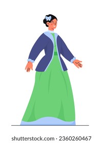 Mujer con concepto de ropa victoriana. Jovencita con vestido verde con chaqueta azul. Antigua cultura. Moda y estilo. Dibujo vectorial plano de dibujos animados aislado en fondo blanco