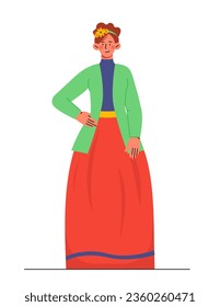 Mujer con concepto de ropa victoriana. Joven con chaqueta verde con falda roja. Afiche o pancarta. Estética y elegancia. Dibujo vectorial plano de dibujos animados aislado en fondo blanco