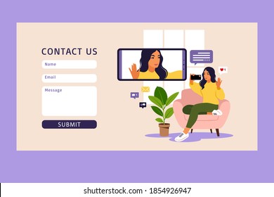 Woman video blogger sitting on sofa with phone and recording video with smartphone. Contact us. Different social media icons. Vector illustration in flat style.