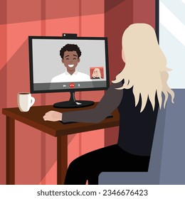 Woman video calling her friend online with her computer at home, relationships and communication concept. Flat vector illustration isolated on white background