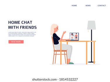 Woman at video chat with friends from home - cartoon girl with laptop talking to many people using online communication program. Banner template vector illustration.