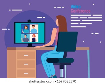 woman in video conference from the computer vector illustration design