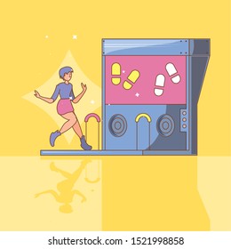 Woman In Video Game Console Of Coins With Dancing Steps Vector Illustration Design