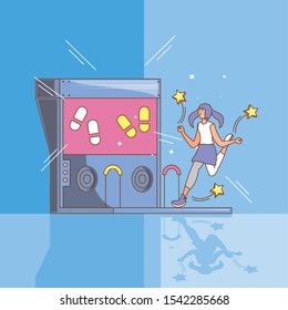 woman in video game console of coins with dancing steps vector illustration design