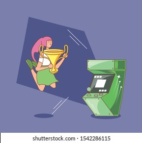 woman in video game console of coins with trophy vector illustration design