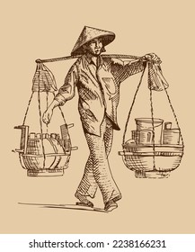 Woman in vietnamese hat carrying yoke on her shoulder. Hand drawn illustration with cross hatching