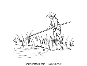 woman in vietnamese hat fishing by lifting net on bamboo sticks, Linear sketch, Vector hand drawn illustration