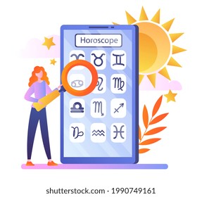 Woman view daily horoscope forecast in app. Esoteric future prediction. Press buttons in application. Flat abstract metaphor cartoon vector illustration concept design isolated on white background