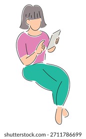 Mujer vista desde atrás usando un dispositivo de tableta. Ilustración vectorial dibujada a mano de una niña navegando en línea en traje verde y amarillo. Estilo Doodle.