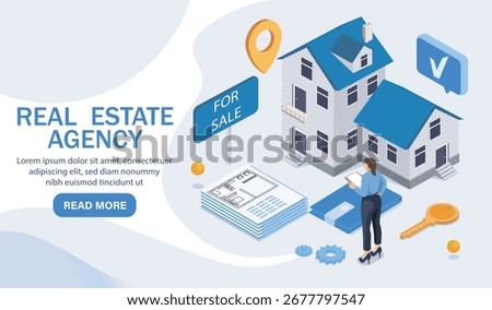 Woman viewing house model with documents, key, and for sale sign in modern isometric style on light background. Concept of real estate services. Vector illustration