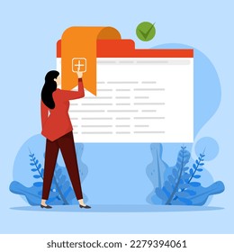 Woman viewing web page in windows browser with bookmarks. Website organization concept, online management of favorite Internet pages. Modern flat vector illustration for posters, banners.