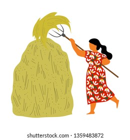 A woman from the village piles a fork in a hay stack on a white background. Cute flat isolated vector illustration