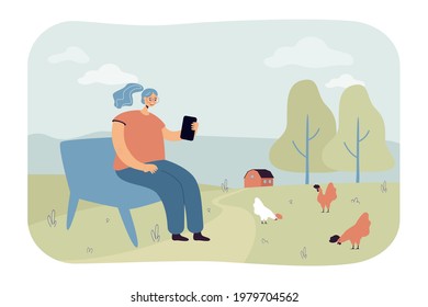 Woman in village, resting on bench with smartphone. Flat vector illustration. Girl looking into smartphone on background of farm, chickens, rural landscape. Technology, Internet, nomophobia, concept