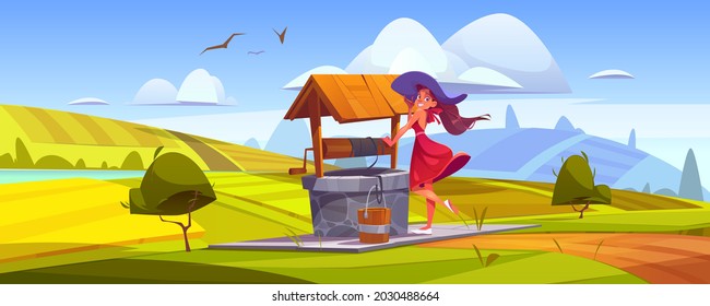 Woman at village well, young happy girl with bucket come to take fresh drinking water in old stone sump on green hill with farm fields around. Summer day rural landscape, Cartoon vector illustration