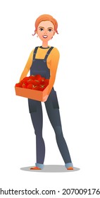 Woman villager farmer in overalls. Girl is an agricultural worker. Cheerful person. Standing pose. Cartoon comic style flat design. Single character. Illustration isolated on white background. Vector