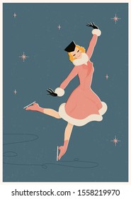 A woman in a vintage coat is skating on a Christmas holiday and New Year. Retro postcard. Flat vector illustration.