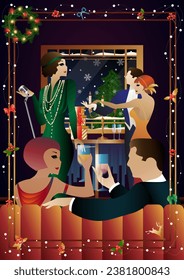 Woman in a vintage dress with a retro microphone at the window. The singer s performance at the New Year s holiday. People are dancing. Concept for holiday, winter holidays, New Year, Christmas