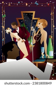 Woman in a vintage dress with a retro microphone at the window. The singer s performance at the New Year s holiday. People are dancing. Concept for holiday, winter holidays, New Year, Christmas