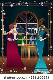 Woman in a vintage dress with a retro microphone at the window. The singer s performance at the New Year s holiday. People are dancing. Concept for holiday, winter holidays, New Year, Christmas